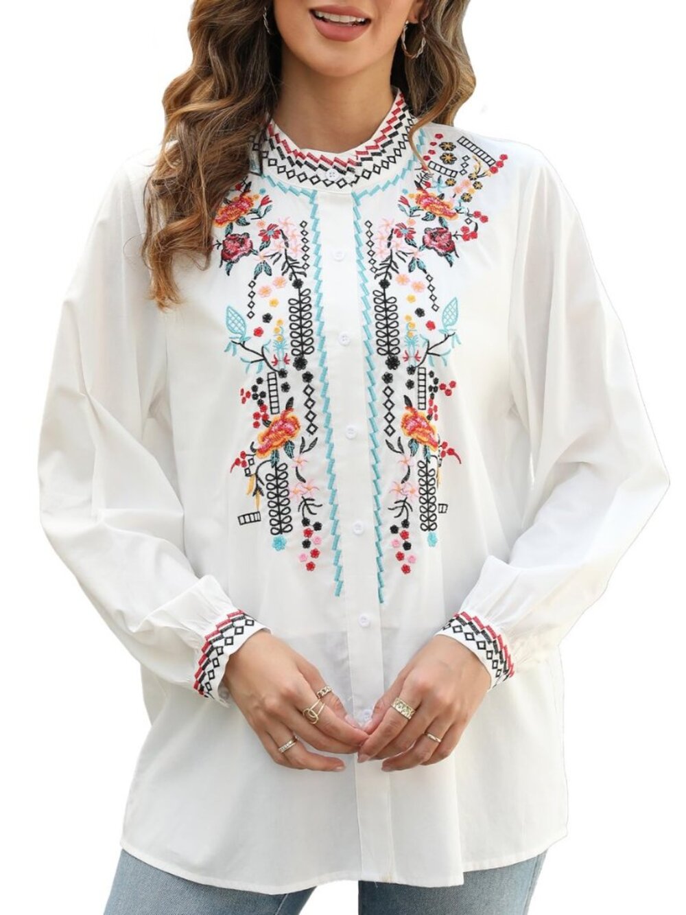 Long Sleeve Traditional Mexican Peasant Blouses for Women Embroidered Boho Tops